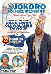 HON. (BARR.) ROSIJI FELICITATES WITH HIS ROYAL MAJESTY OBA RILIWAN OLUWALAMBE TAIWO (JP) ON HIS 22ND CORONATION ANNIVERSARY